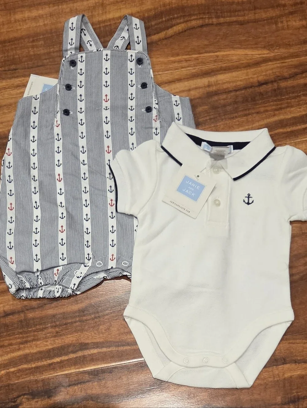 Janie and Jack NWT 0-3 Months Striped Anchor Shortall and Collared Bodysuit